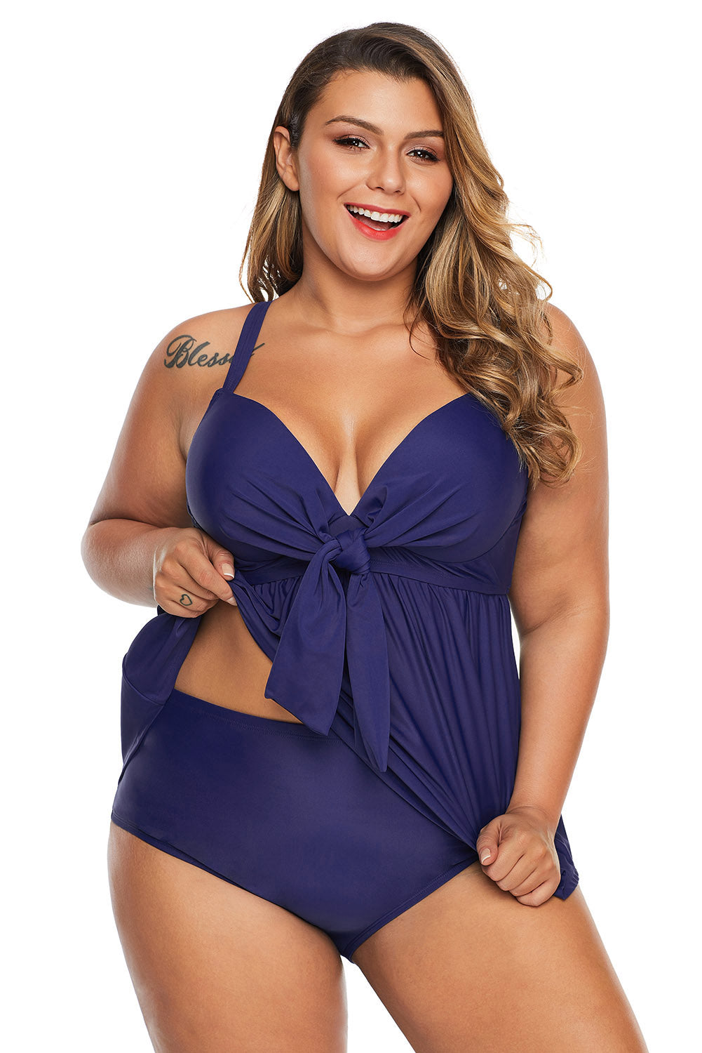 Plus Size Pleated Babydoll Top and High Waist Panty Swimsuit