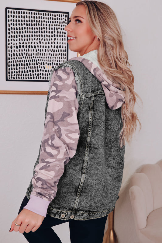 Black Camo Sleeve Hooded Denim Jacket