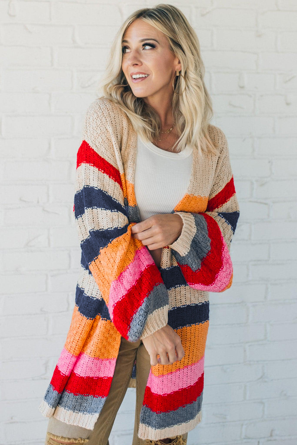 Striped Balloon Sleeve Baggy Cardigan