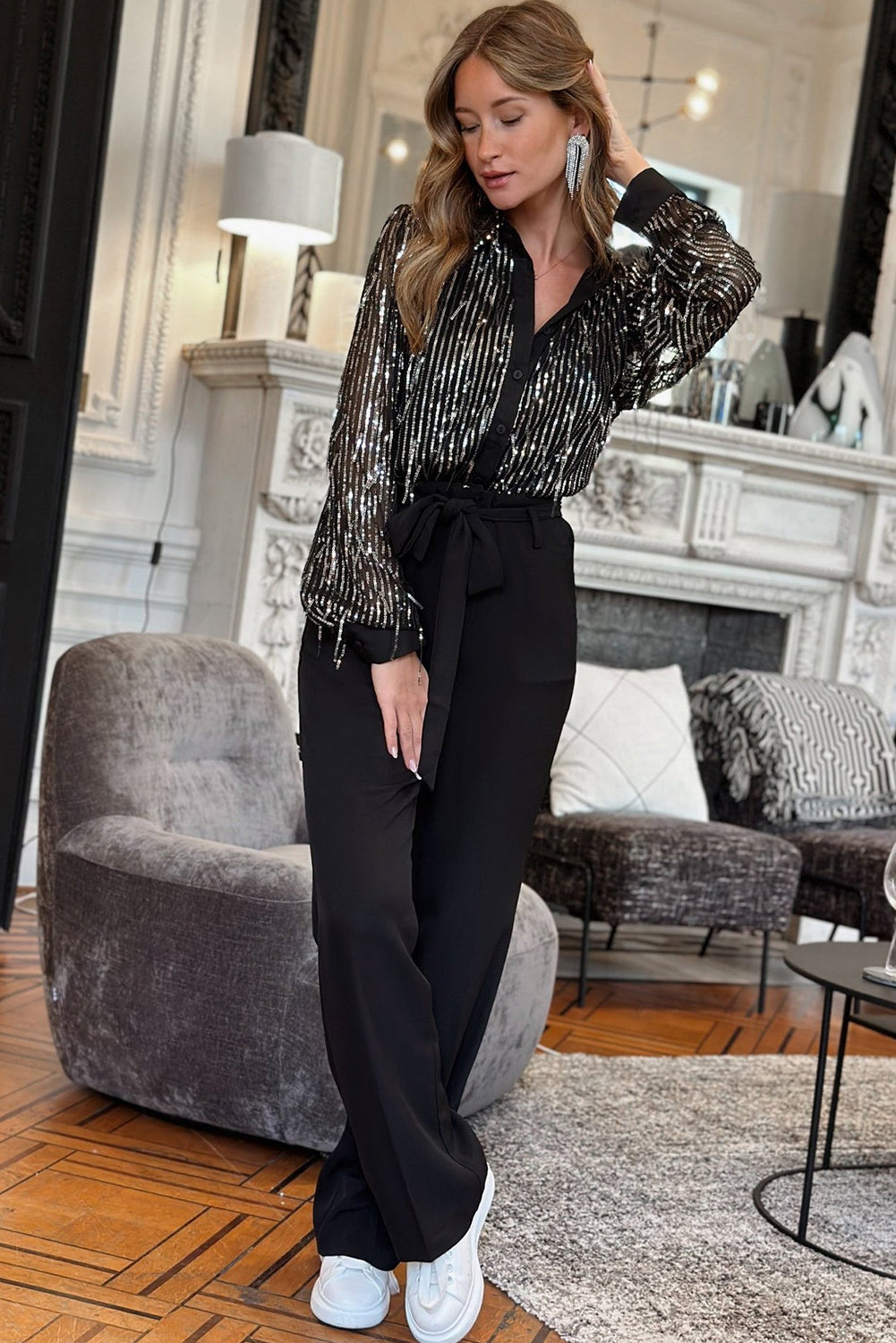 Black Sequin Tasseled Button Up Slim Fit Shirt