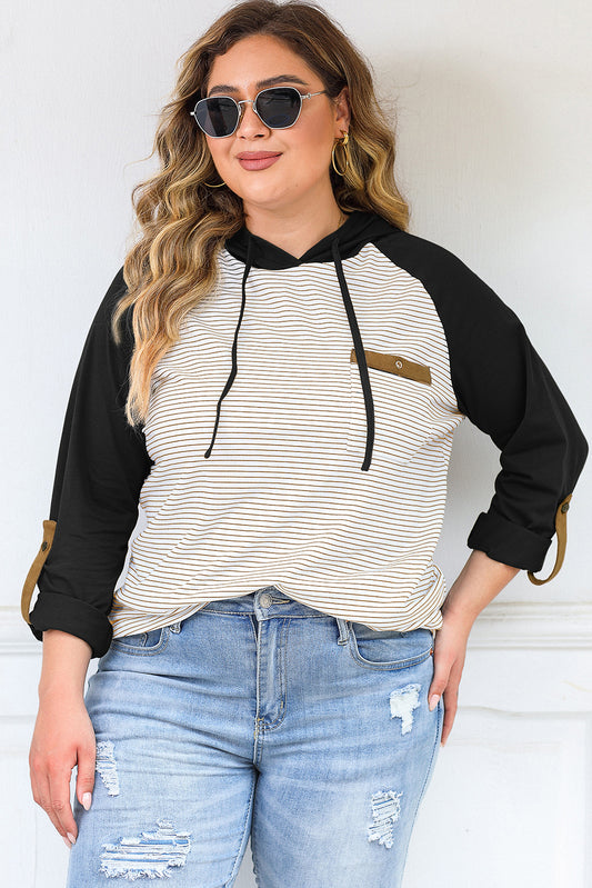 Black Striped Raglan Sleeve Plus Size Hoodie