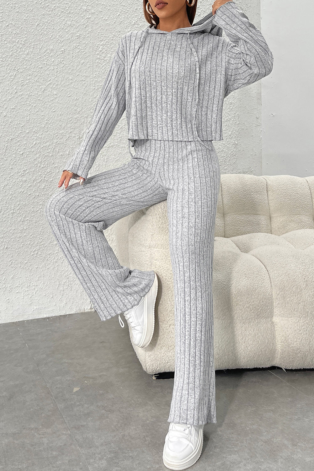 Ribbed Knit Slouchy Hoodie Wide Leg Pants Set