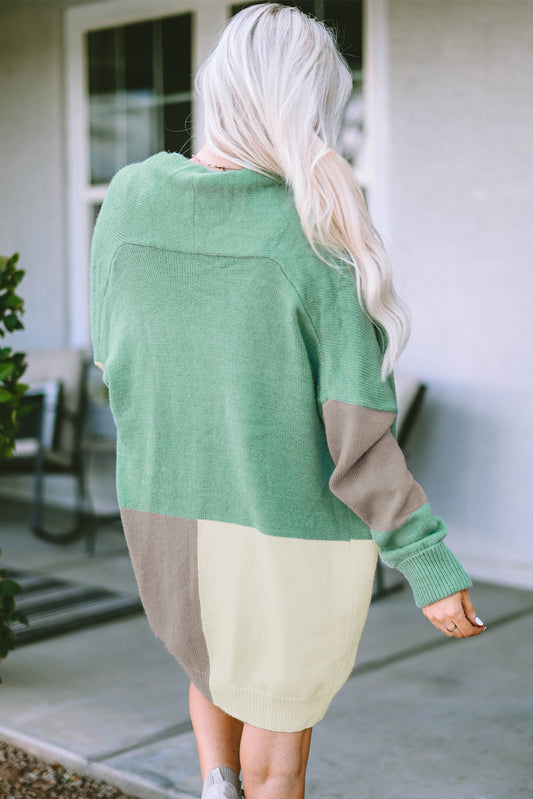 Green Colorblock Open Front Oversized Cardigan