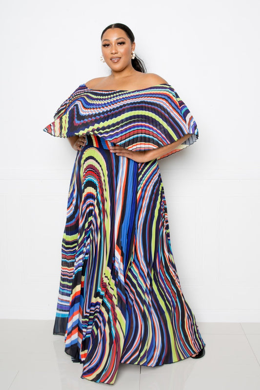 Geo Printed Off Shoulder Pleated Maxi Dress