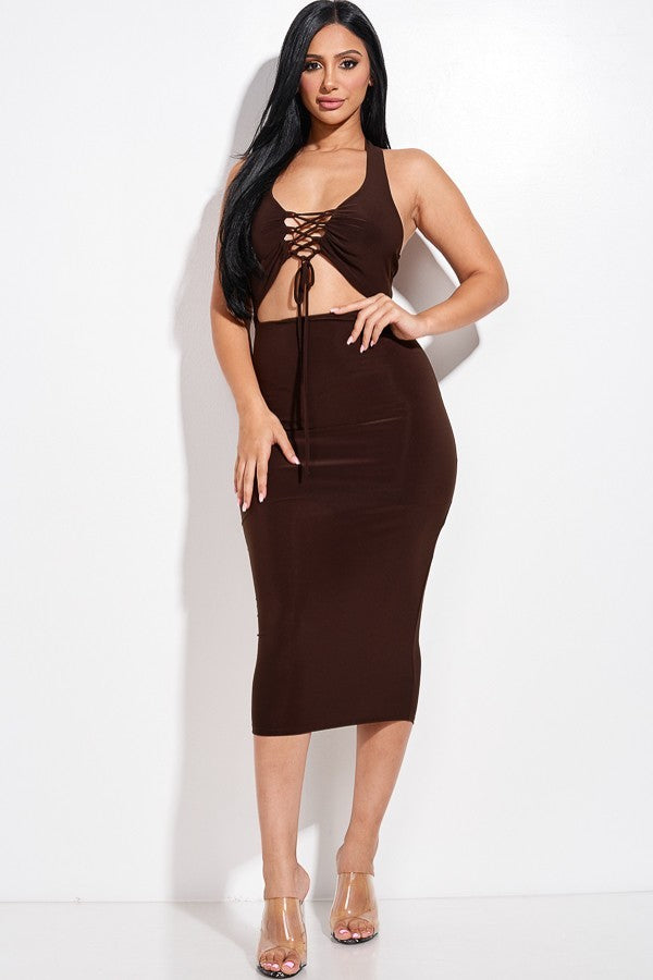 Halter Neck Midi Dress With Criss Cross Front