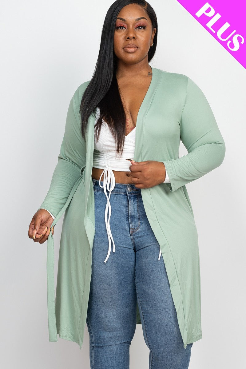 Plus Size Long Sleeve Belted Cardigan