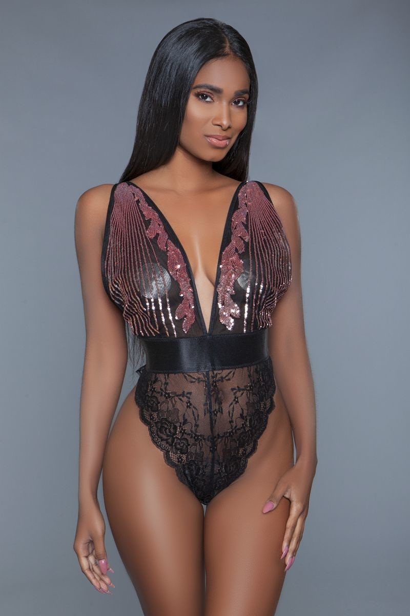 1 Pc. Lace With Raspberry-pink Sequins Plunging Neckline