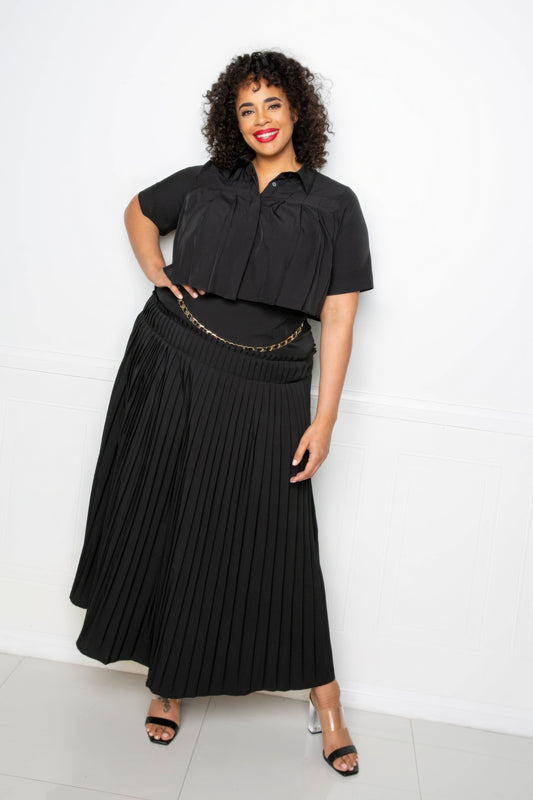 Plus Size Pleated Cropped Shirt And Maxi Skirt Set