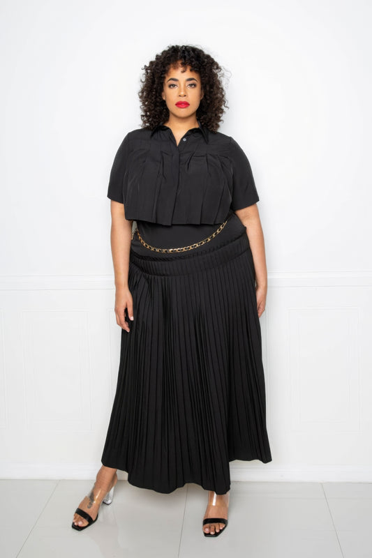 Plus Size Pleated Cropped Shirt And Maxi Skirt Set