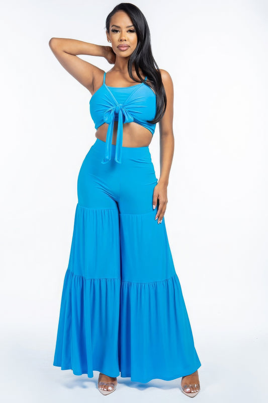 Tie Front Spaghetti Strap Tank Top & Wide Leg Pants Set