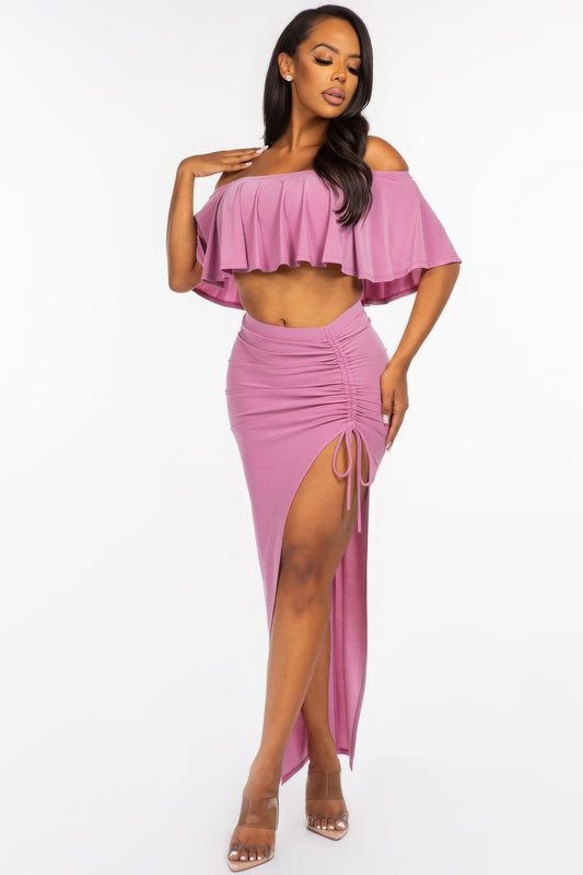 Off The Shoulder Ruffled Cropped Top And Ruched Maxi Skirt Set