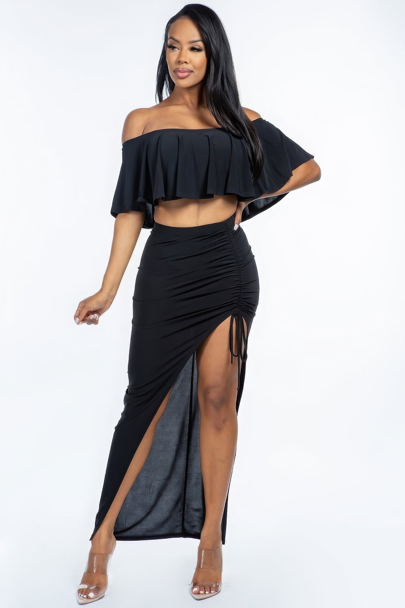 Off The Shoulder Ruffled Cropped Top And Ruched Maxi Skirt Set