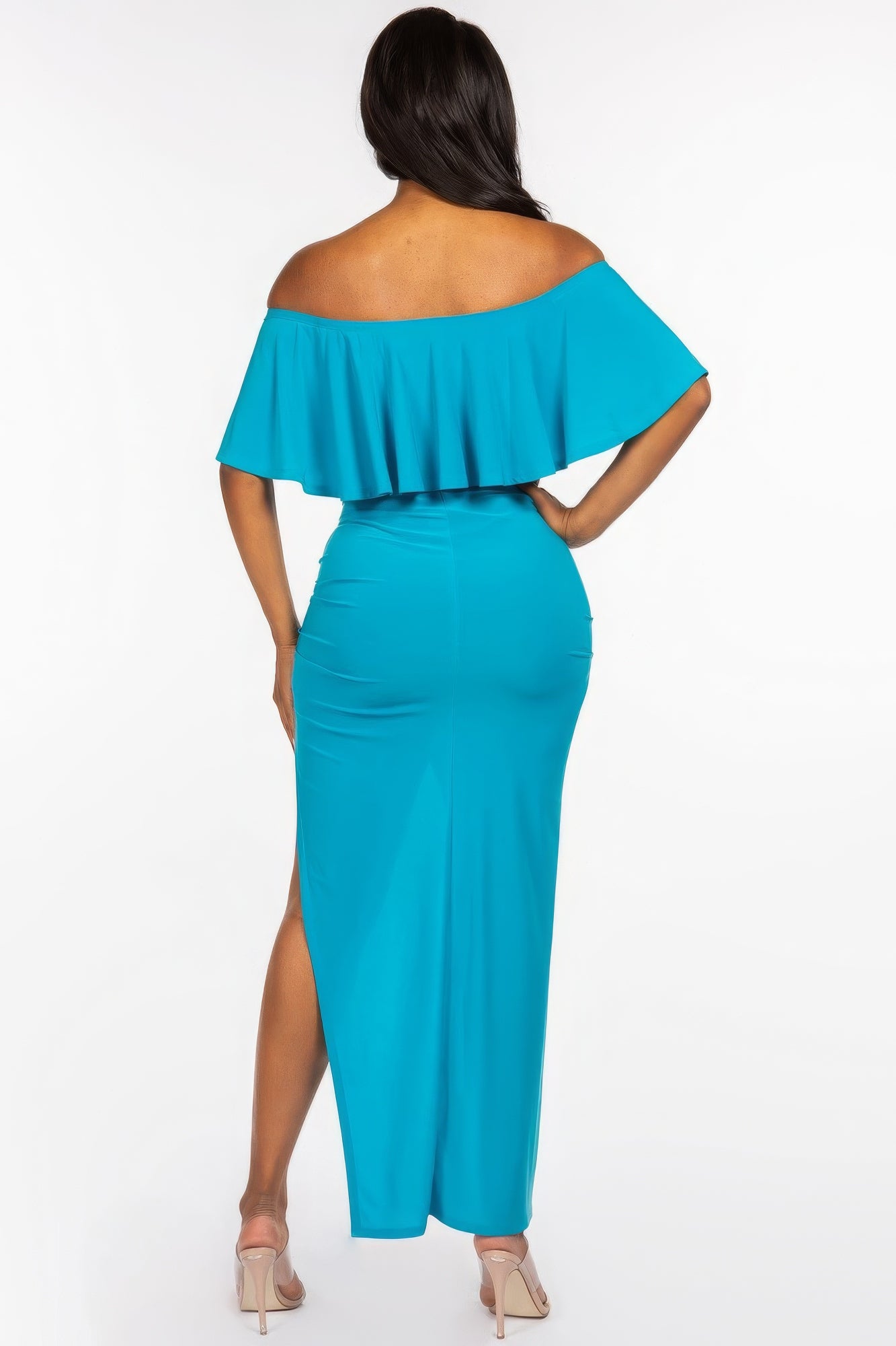 Off The Shoulder Ruffled Cropped Top And Ruched Maxi Skirt Set