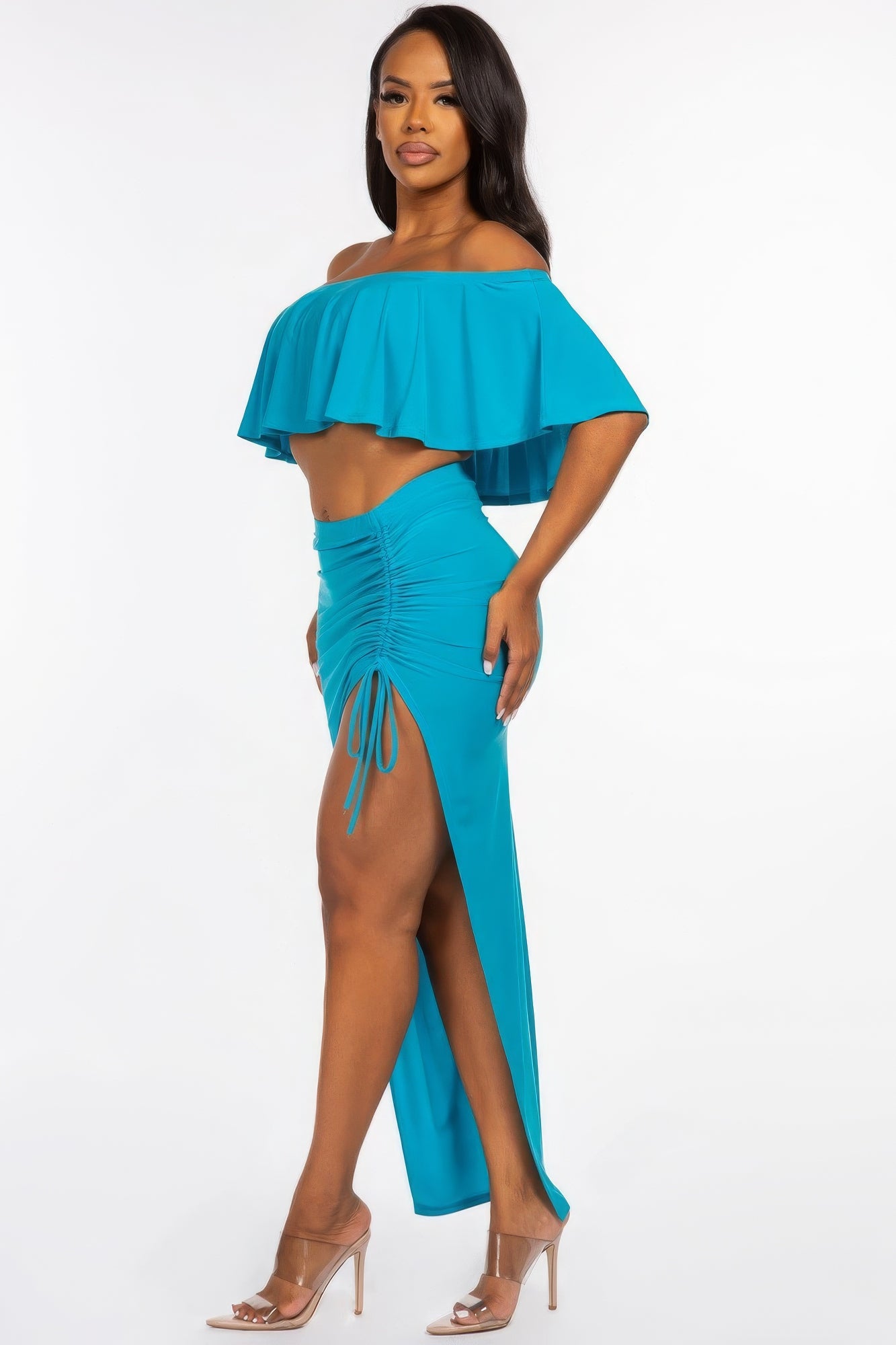 Off The Shoulder Ruffled Cropped Top And Ruched Maxi Skirt Set