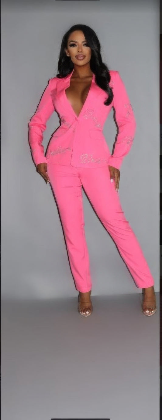 2 PieceBoss Lady Blazer & Pants Set With Rhinestone Letterings On Blazer