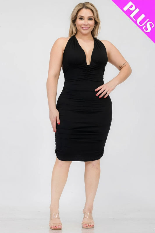 Plus Size Crisscross Back Ruched Bodycon Mini Dress