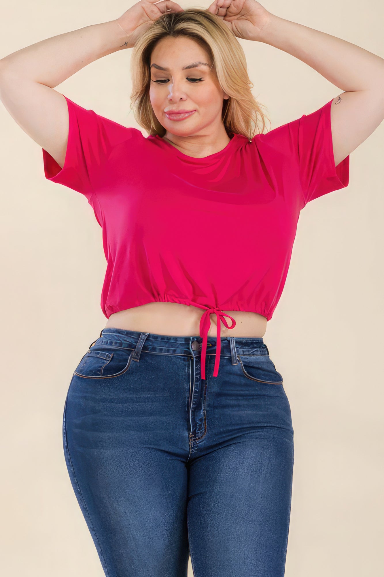 Plus Size Tie Front Drawstring Crop Top