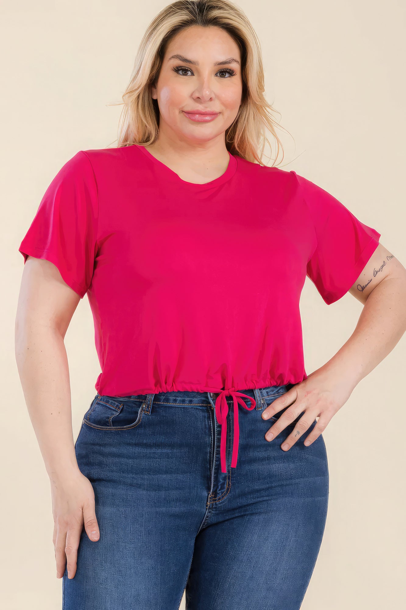 Plus Size Tie Front Drawstring Crop Top