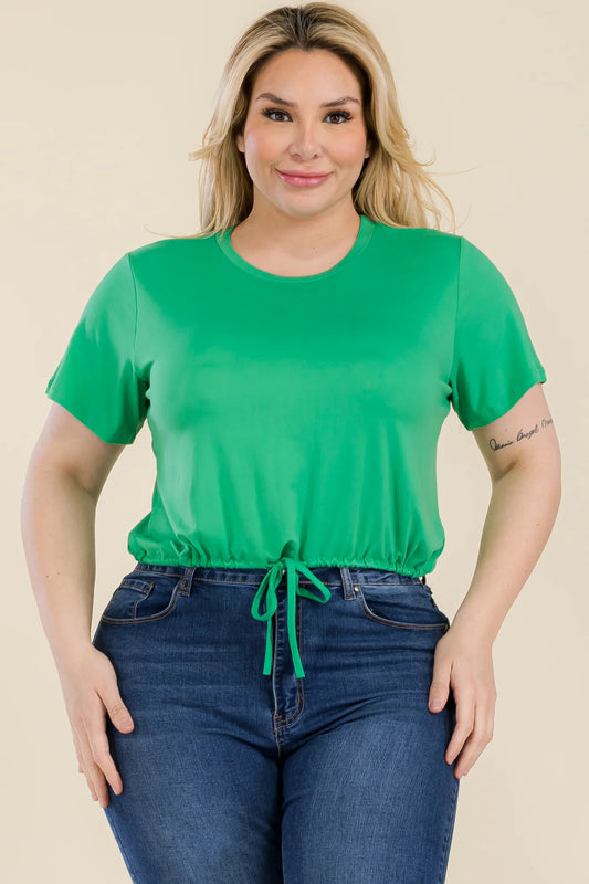 Plus Size Tie Front Drawstring Crop Top