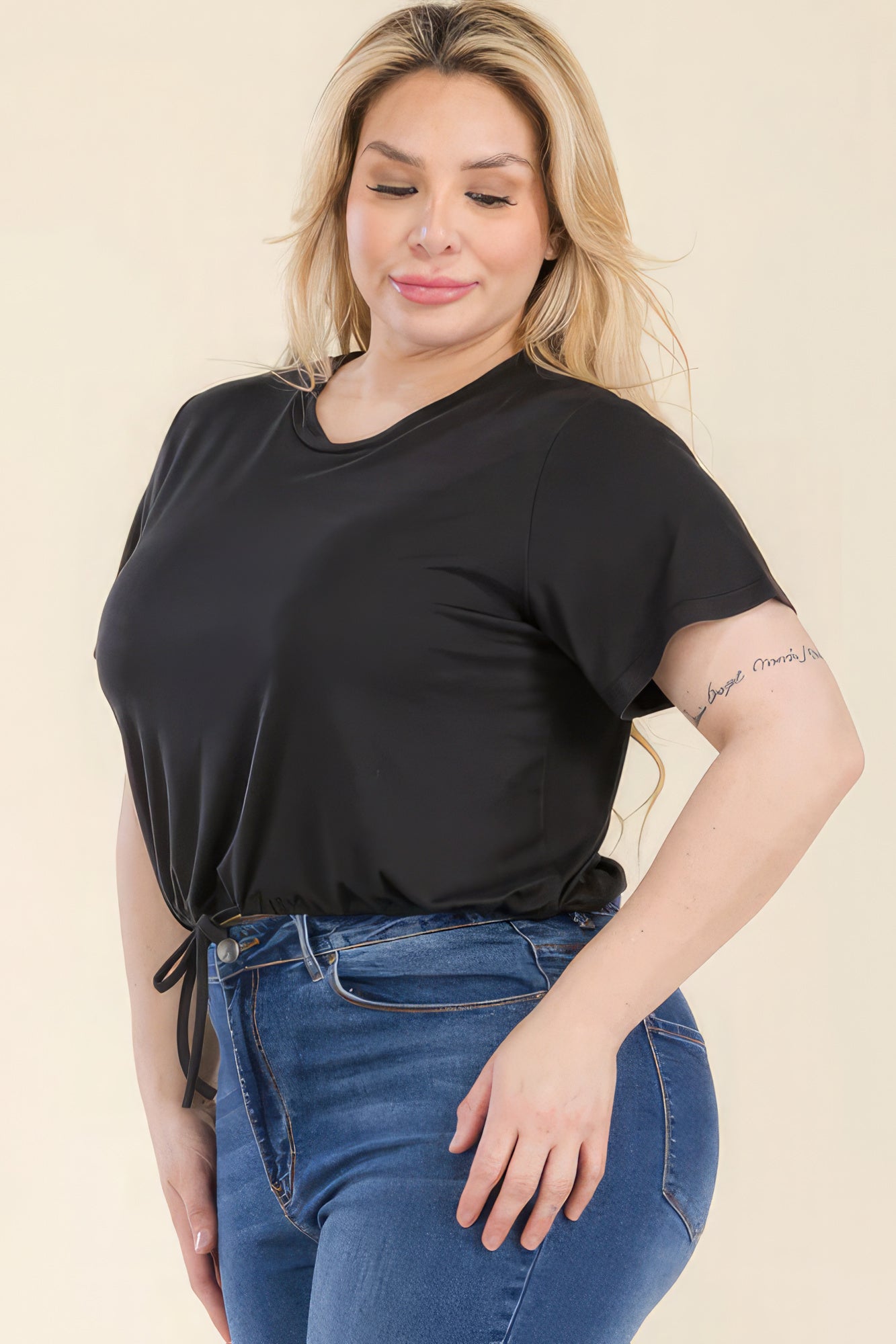 Plus Size Tie Front Drawstring Crop Top