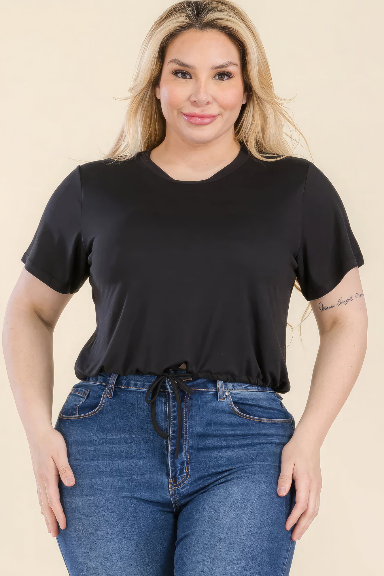 Plus Size Tie Front Drawstring Crop Top