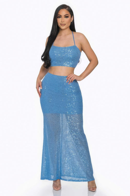 Pretty In Blue Sequin Maxi  Set