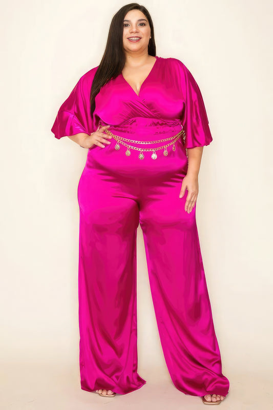 Plus Size Satin Smocked Waist Jumpsuit