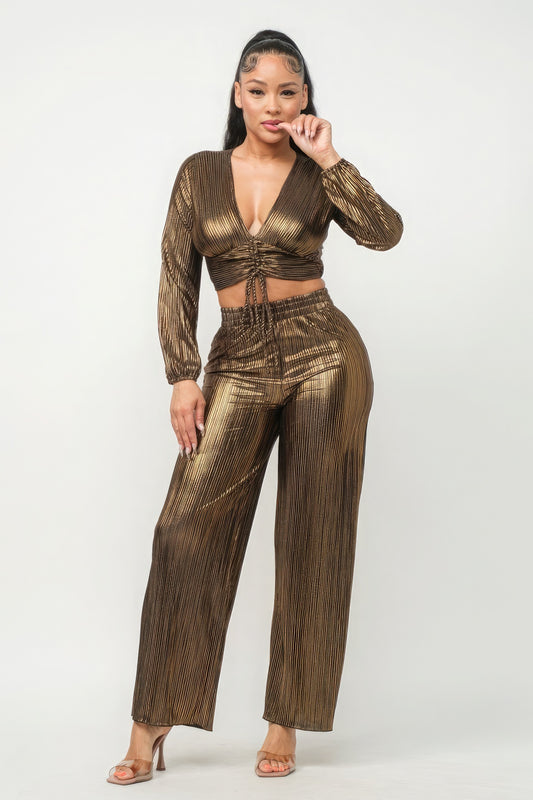 Foil Plisse Crop Top And Pants Set