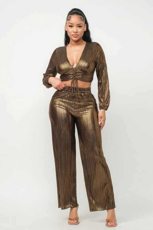 Foil Plisse Crop Top And Pants Set