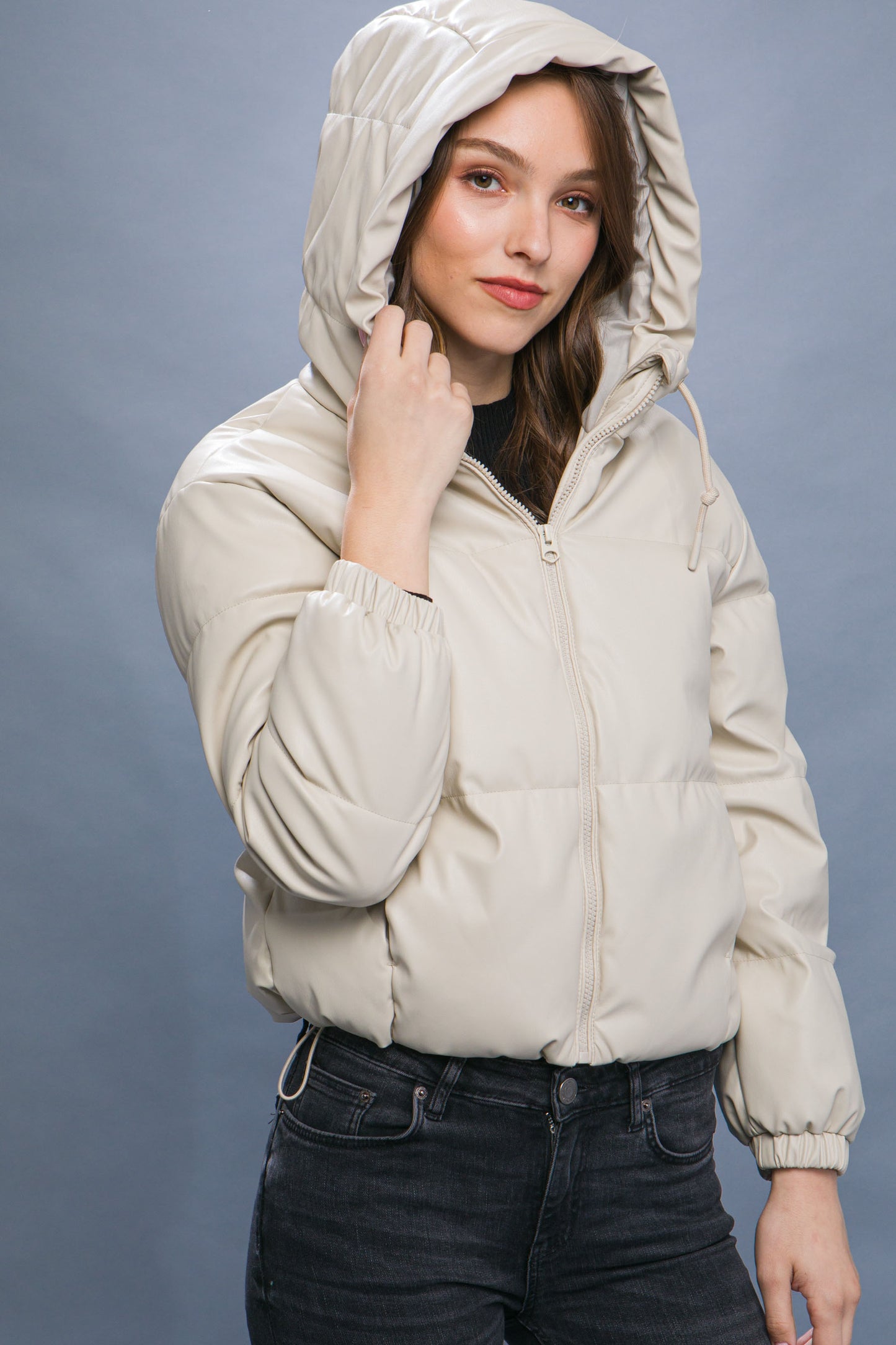 Pu Faux Leather Hooded Puffer Jacket