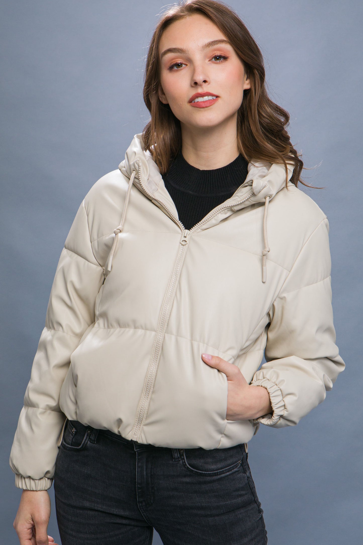 Pu Faux Leather Hooded Puffer Jacket