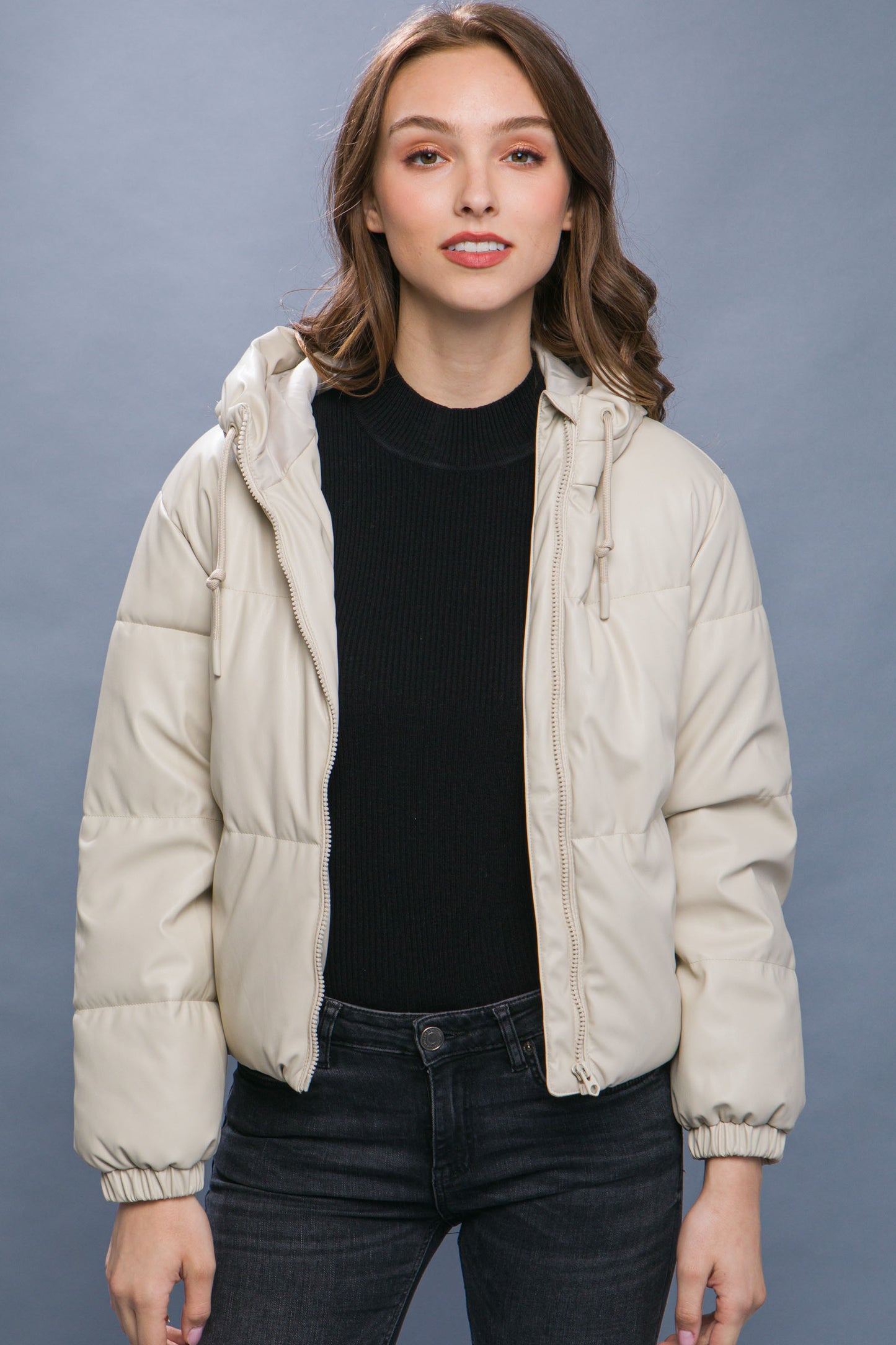 Pu Faux Leather Hooded Puffer Jacket