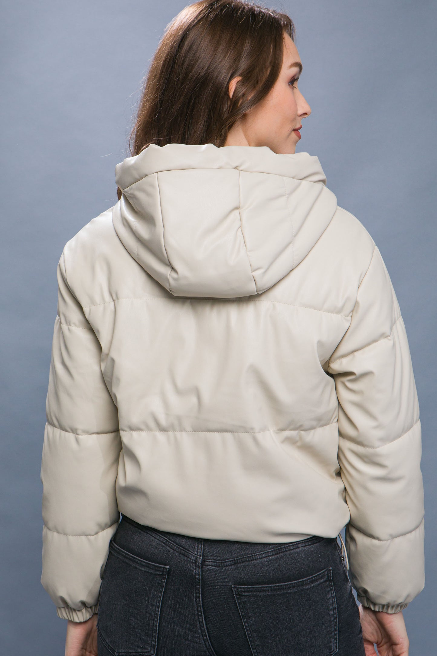 Pu Faux Leather Hooded Puffer Jacket