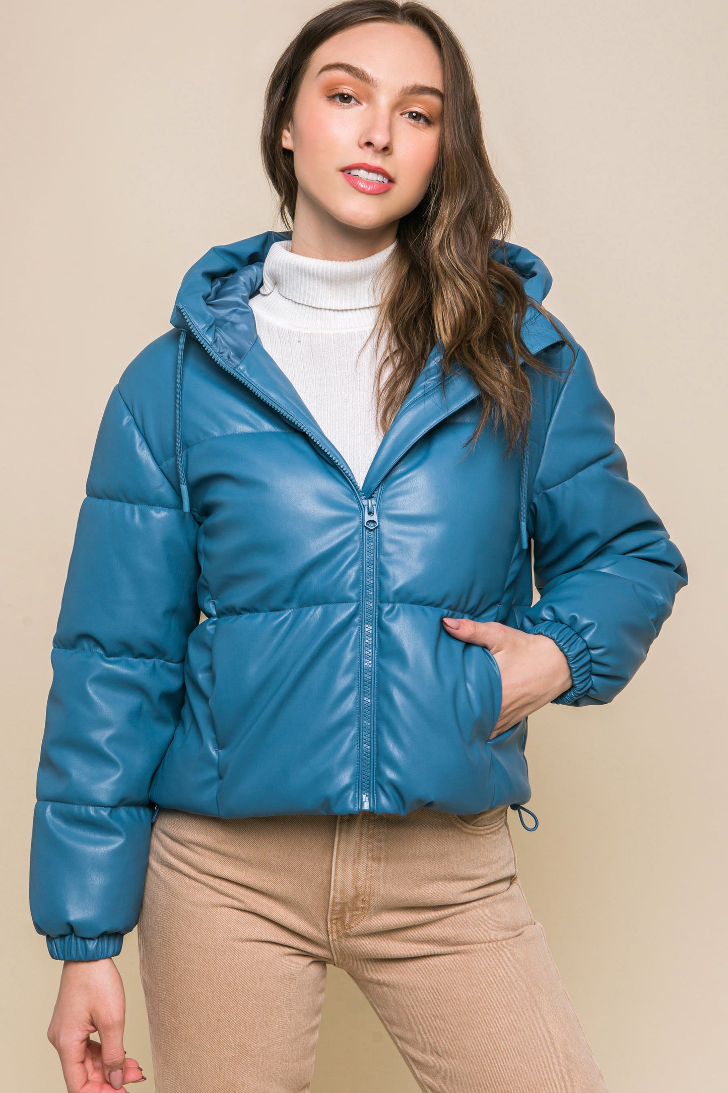 Pu Faux Leather Hooded Puffer Jacket