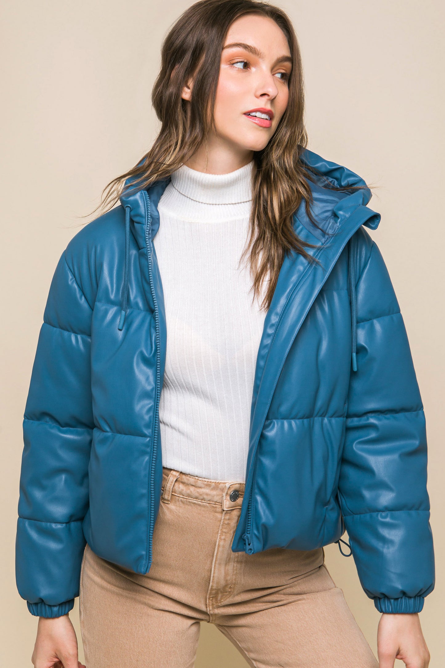 Pu Faux Leather Hooded Puffer Jacket