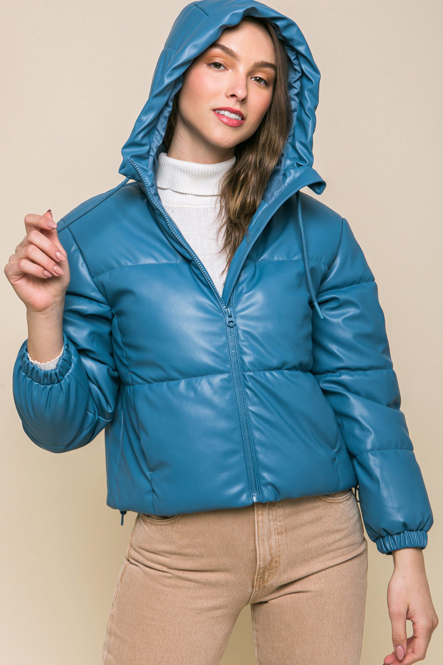 Pu Faux Leather Hooded Puffer Jacket