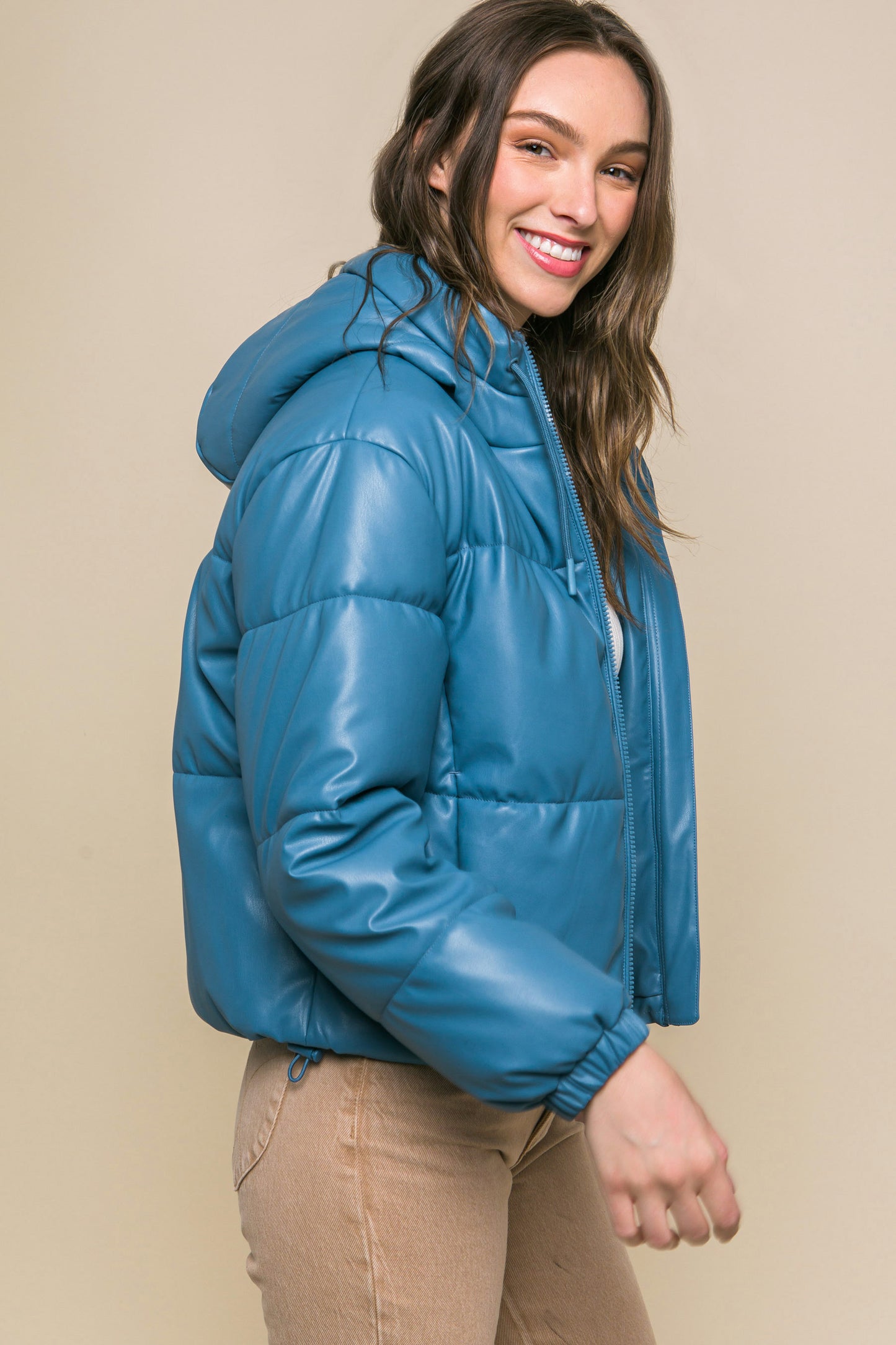 Pu Faux Leather Hooded Puffer Jacket