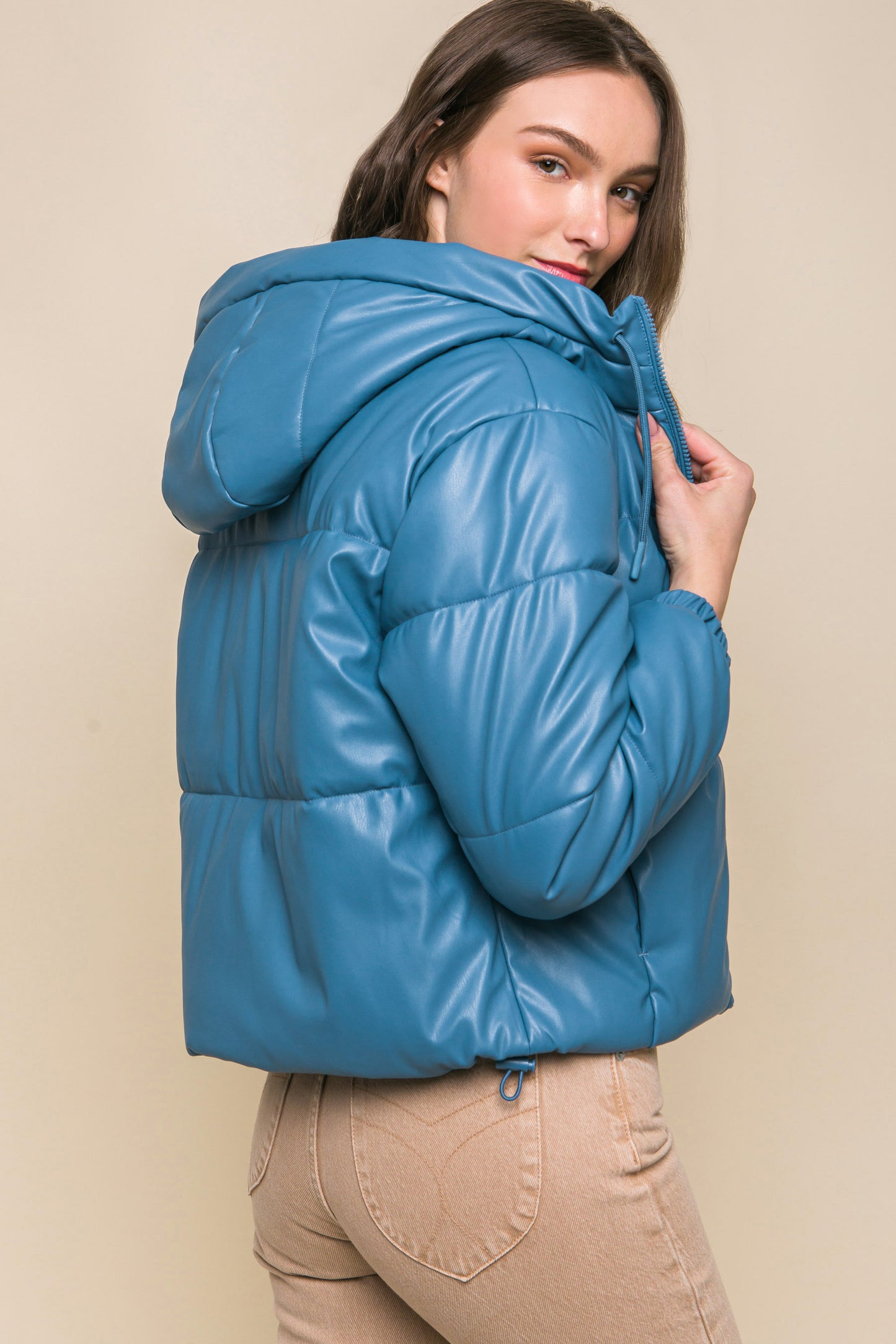 Pu Faux Leather Hooded Puffer Jacket