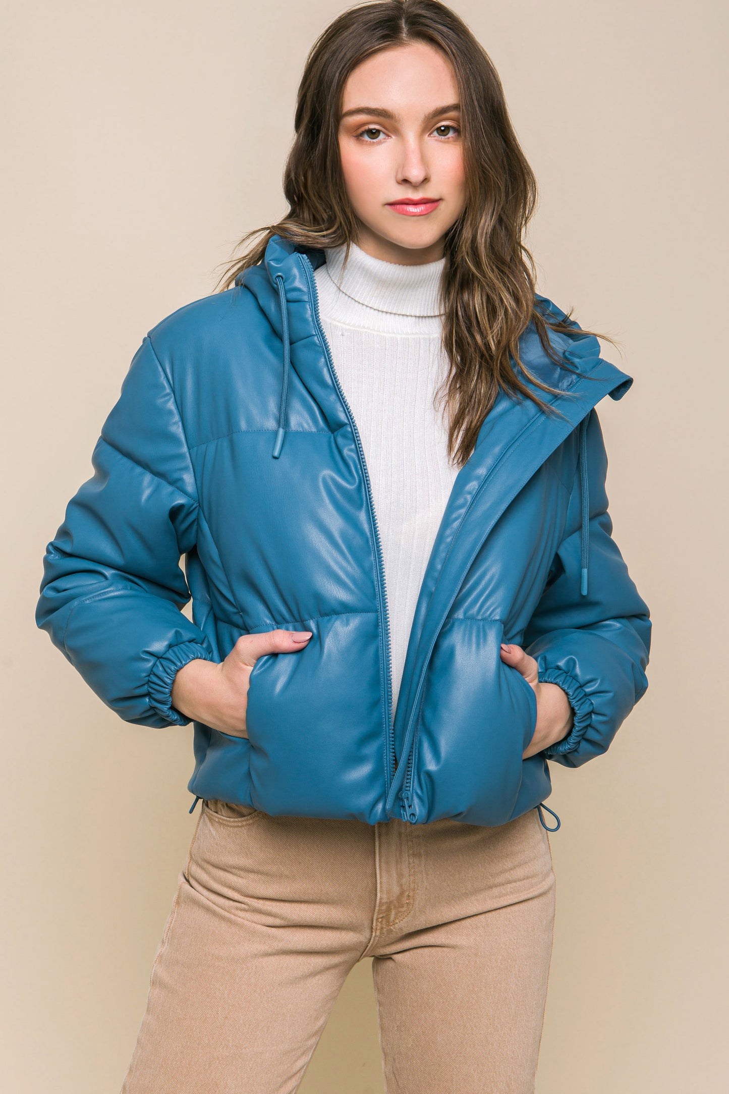 Pu Faux Leather Hooded Puffer Jacket