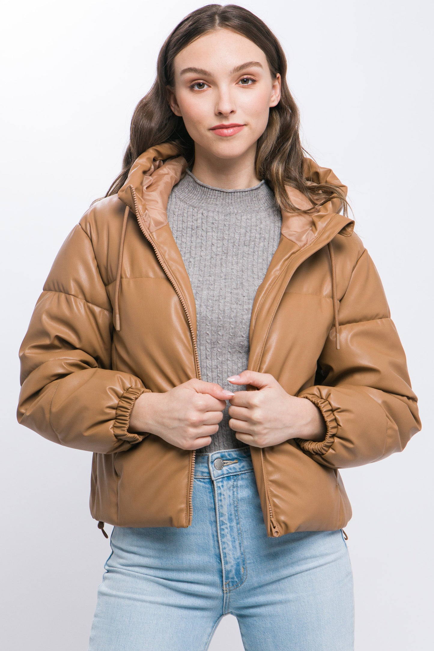 Pu Faux Leather Hooded Puffer Jacket