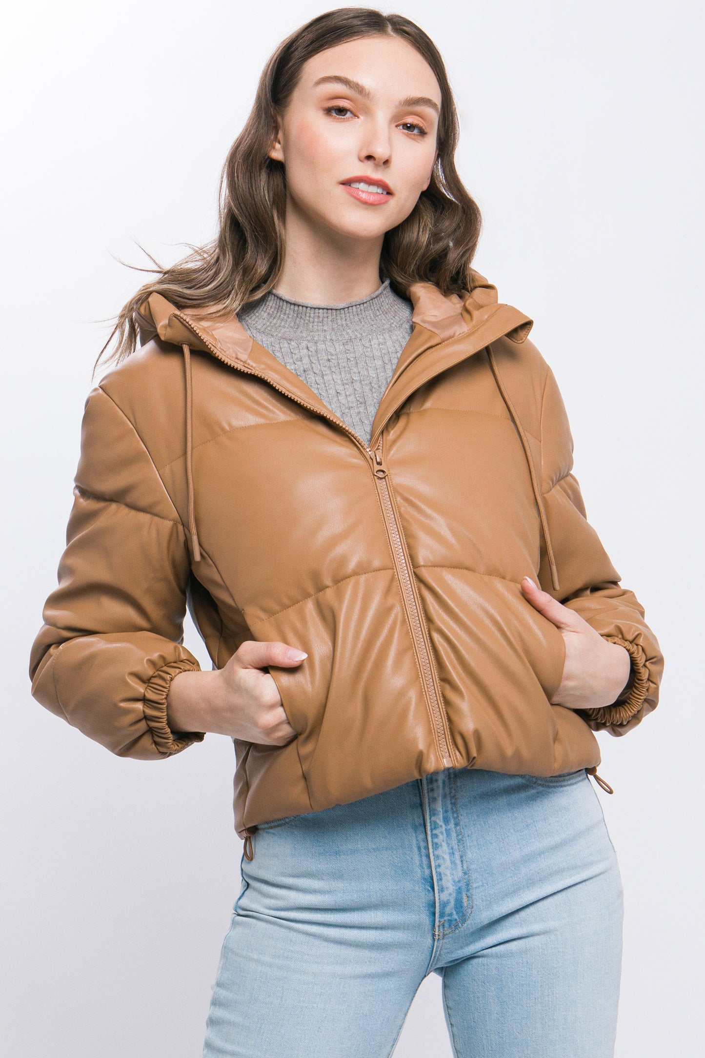 Pu Faux Leather Hooded Puffer Jacket