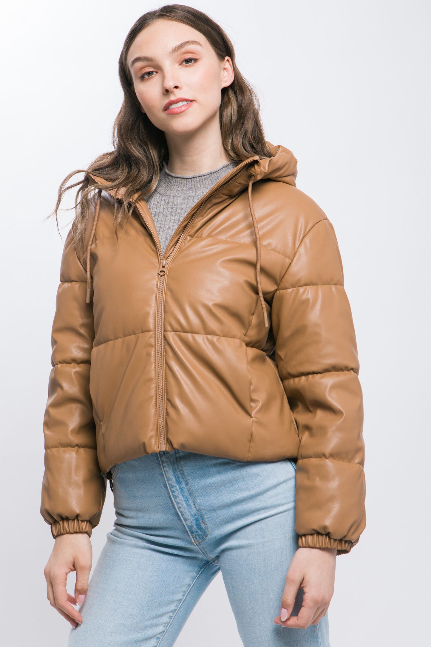 Pu Faux Leather Hooded Puffer Jacket