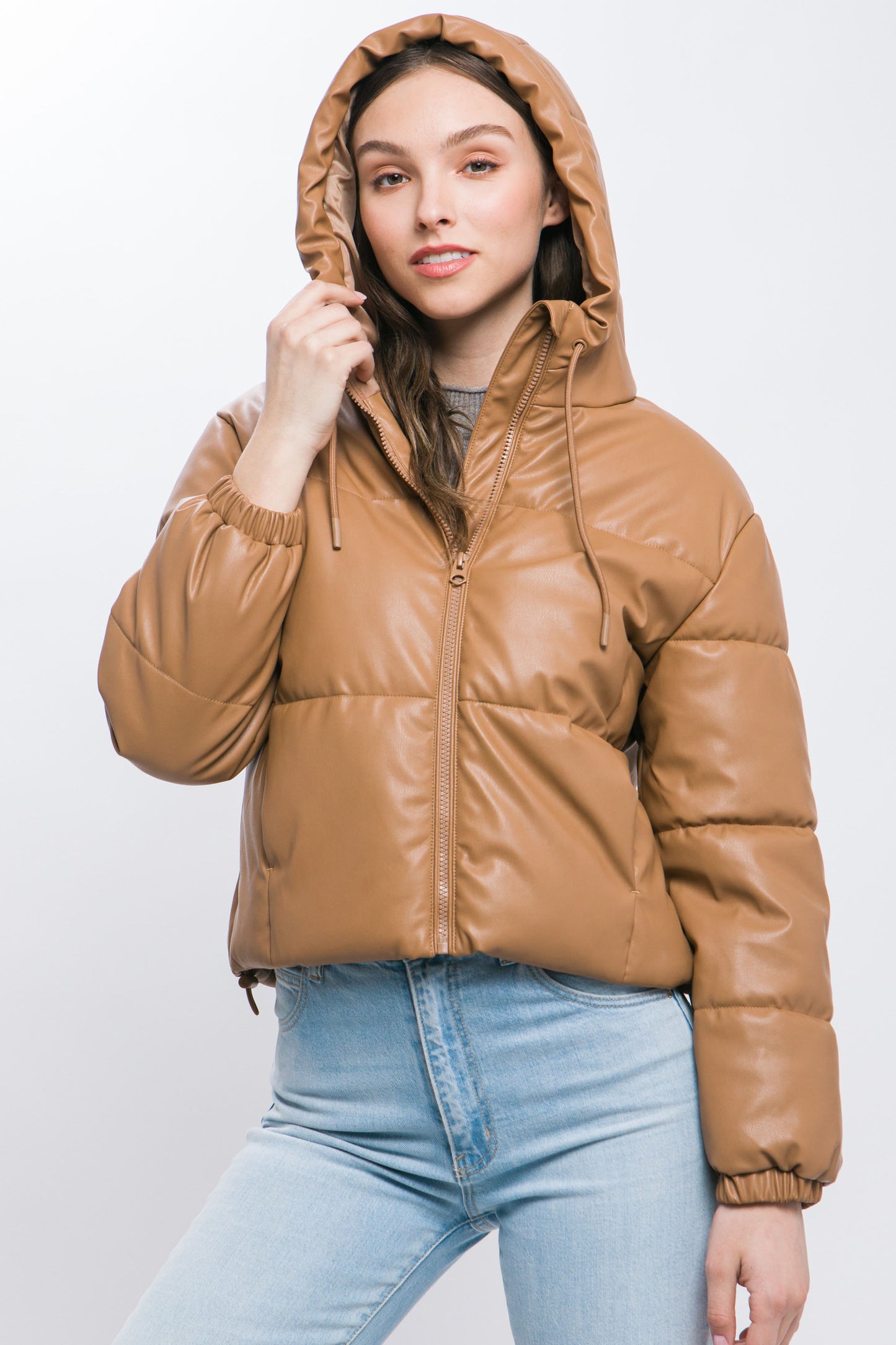 Pu Faux Leather Hooded Puffer Jacket