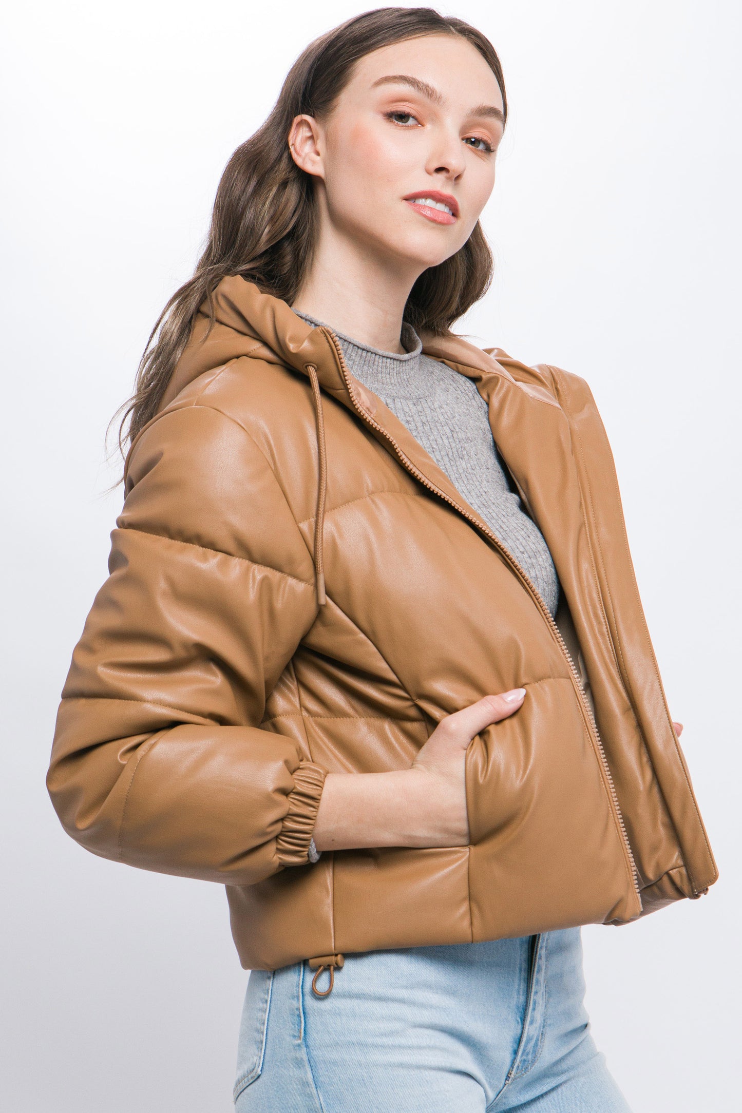 Pu Faux Leather Hooded Puffer Jacket