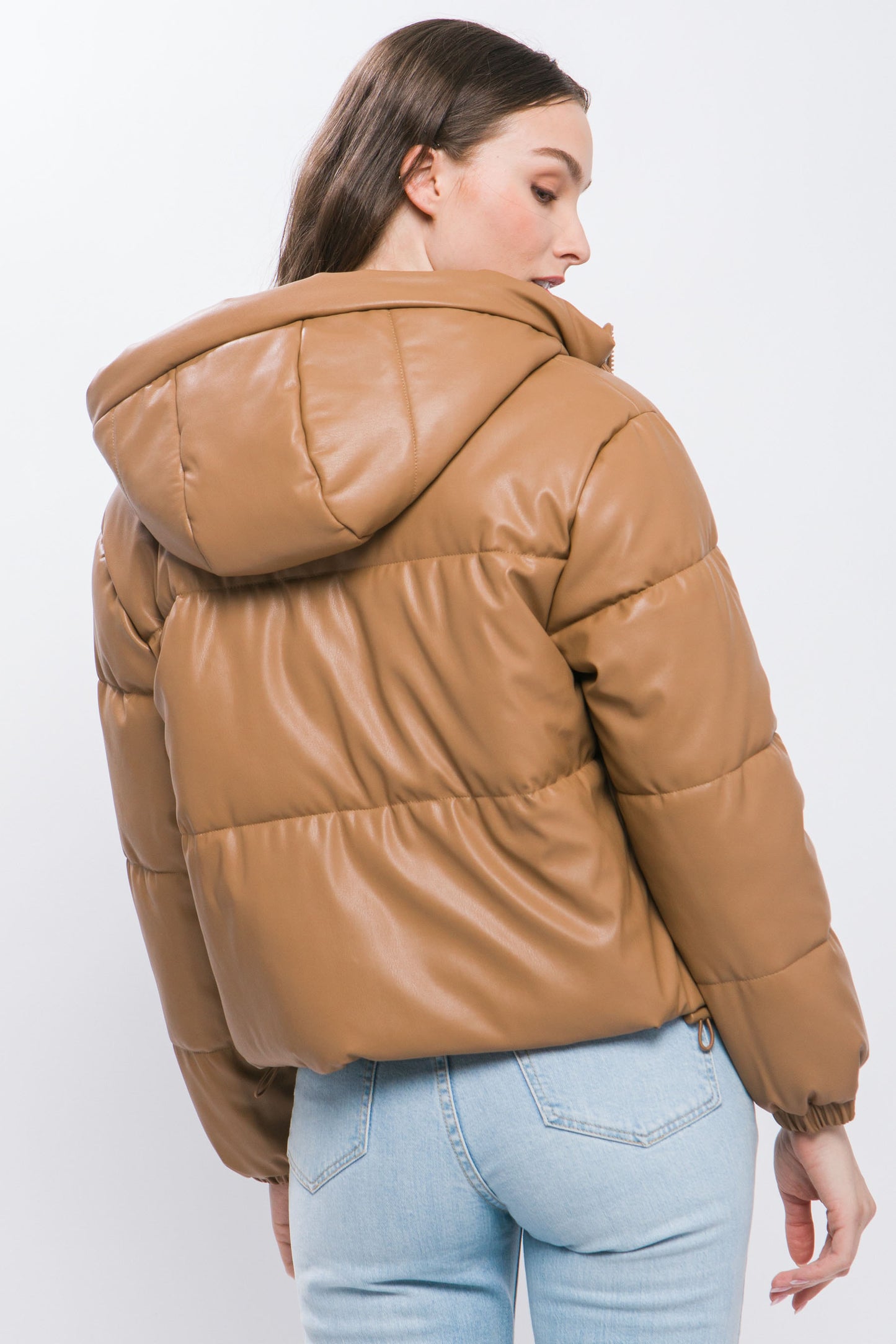 Pu Faux Leather Hooded Puffer Jacket