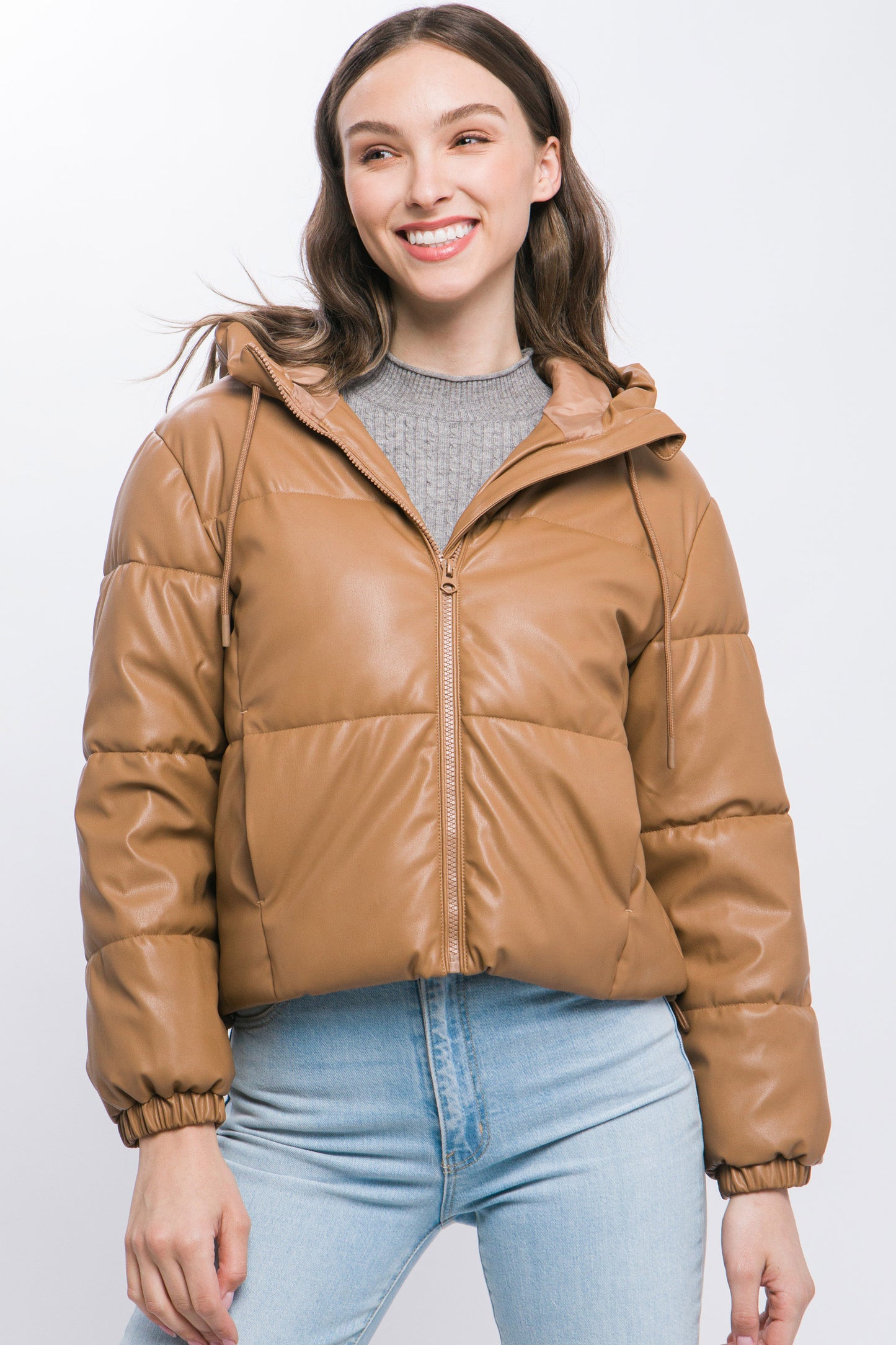 Pu Faux Leather Hooded Puffer Jacket