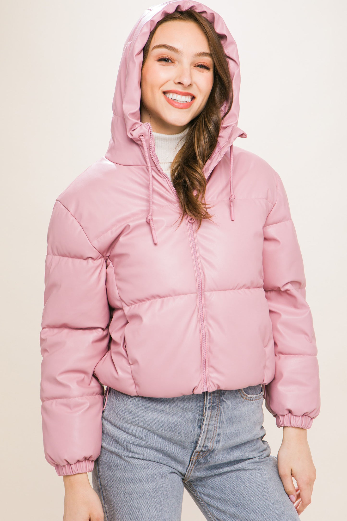 Pu Faux Leather Hooded Puffer Jacket