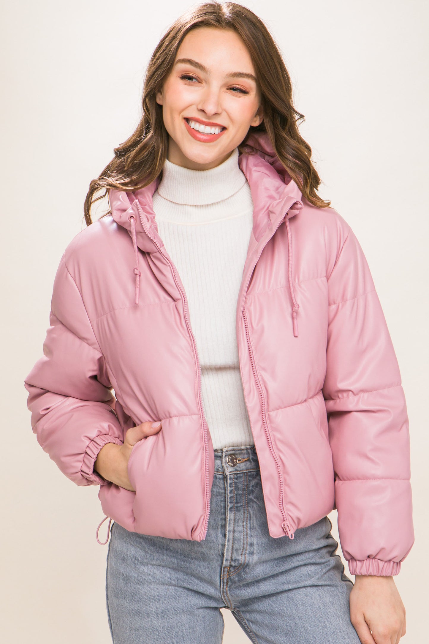 Pu Faux Leather Hooded Puffer Jacket