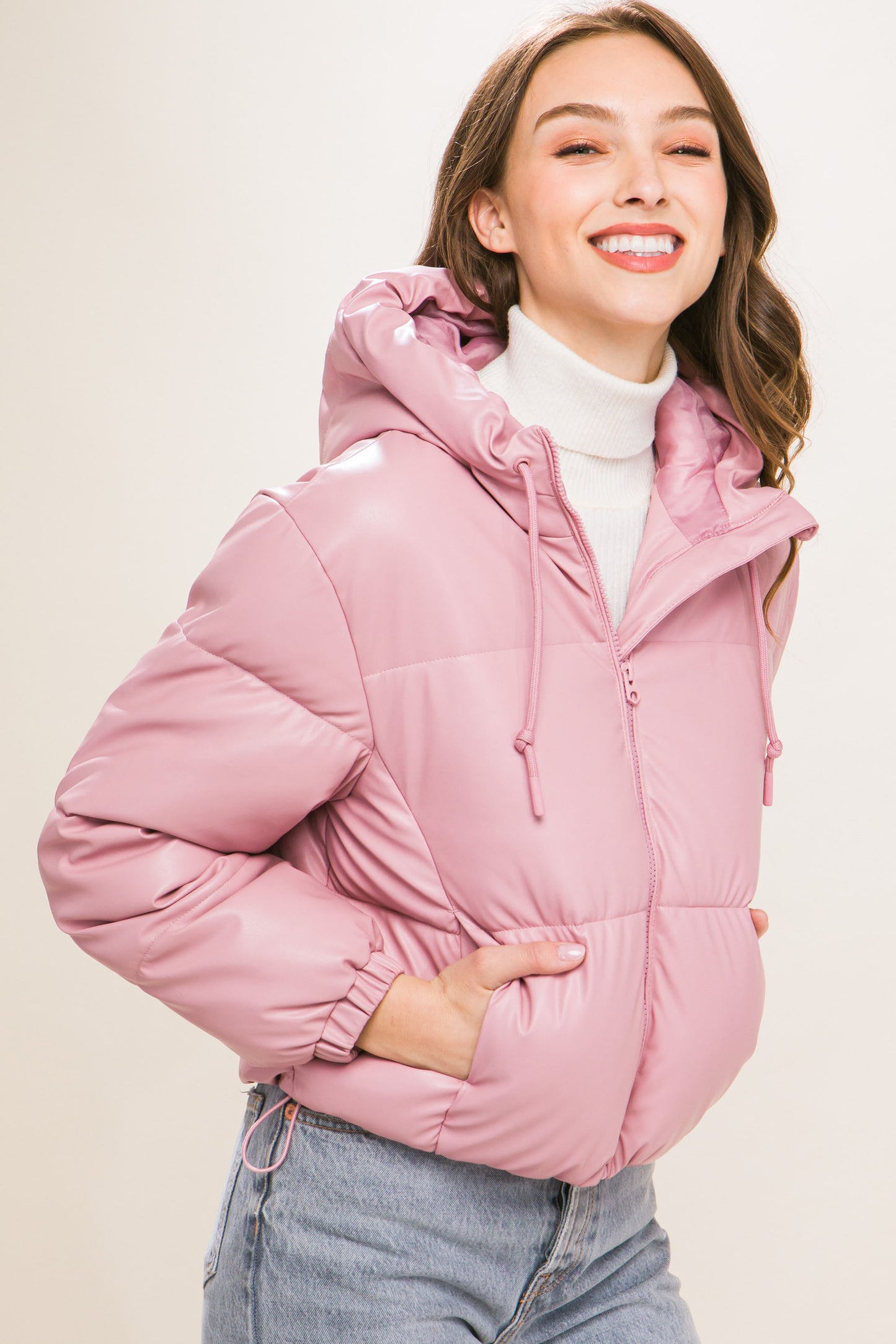 Pu Faux Leather Hooded Puffer Jacket