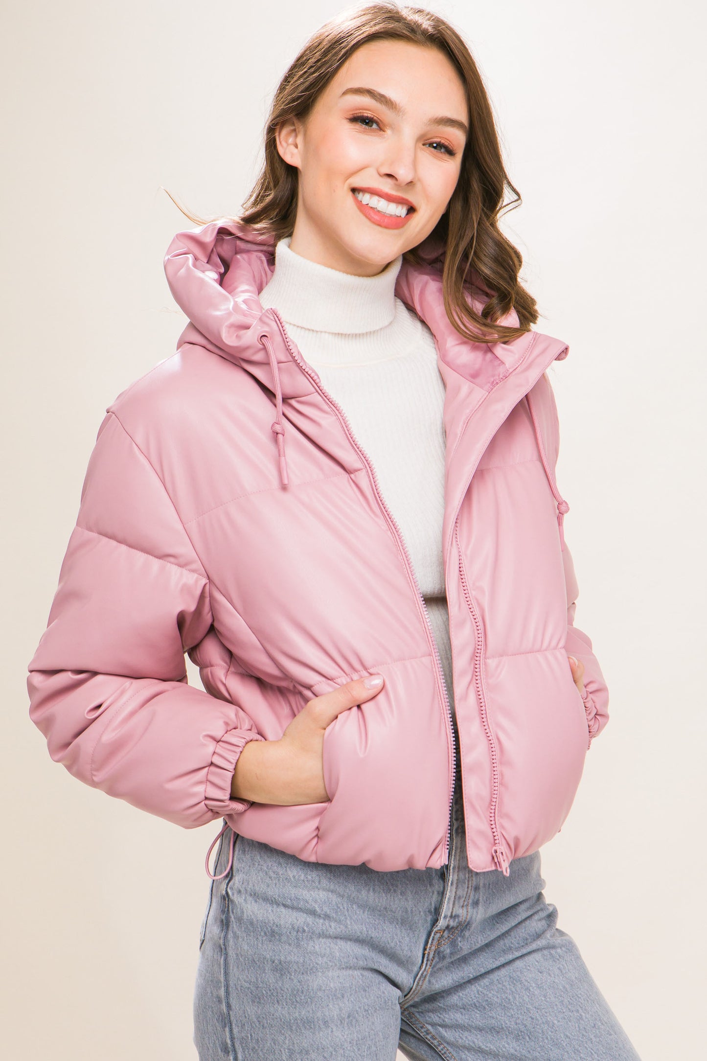 Pu Faux Leather Hooded Puffer Jacket